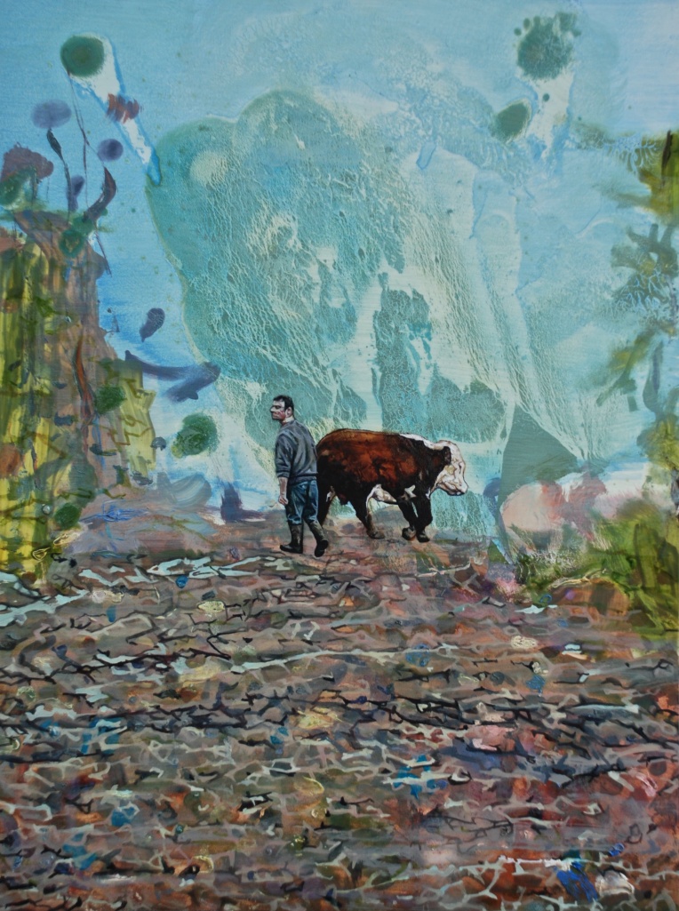 Derek Bringing the Bull Down the Oul Lane, oil on panel, 25 x 40 cm