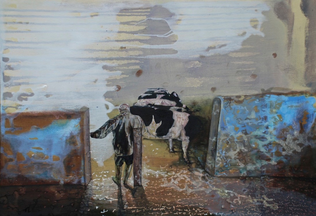 My Father in the Milking Parlour, oil on board, 55 x 80 cm